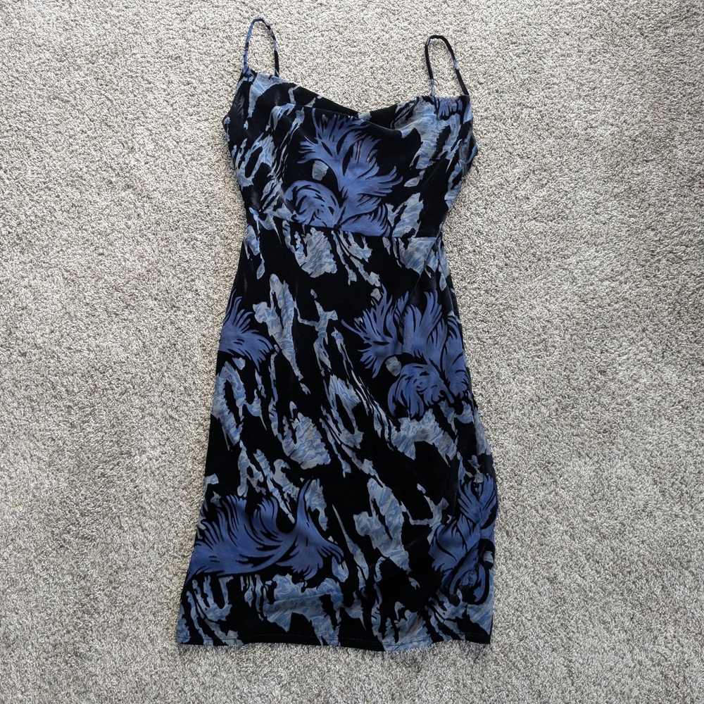 Laundry By Shelli Segal Black and Blue Burnout Velour Cowel Neck Dress
